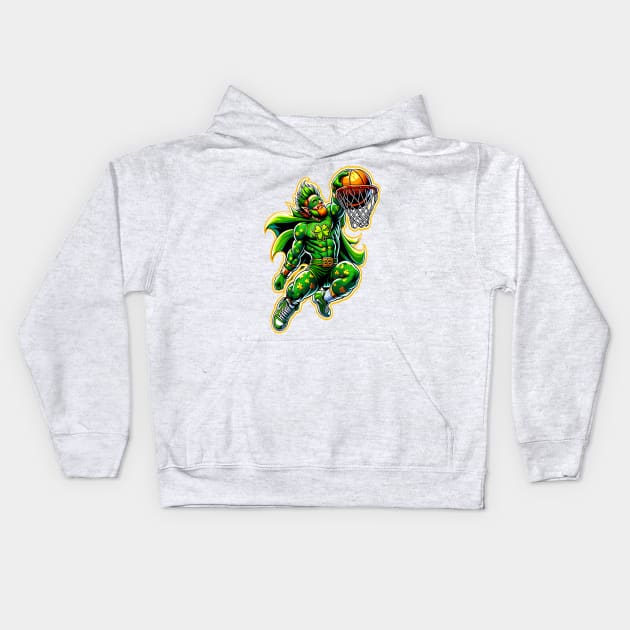 St Patrick's Day Irish Superhero Leprechaun Basketball Player Kids Hoodie by E